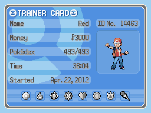 Retro blue trainer card with a pixel-art trainer and eight badges